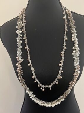 Double-Strand Pearl & Crystal Necklace - Silver and Champagne Pearls